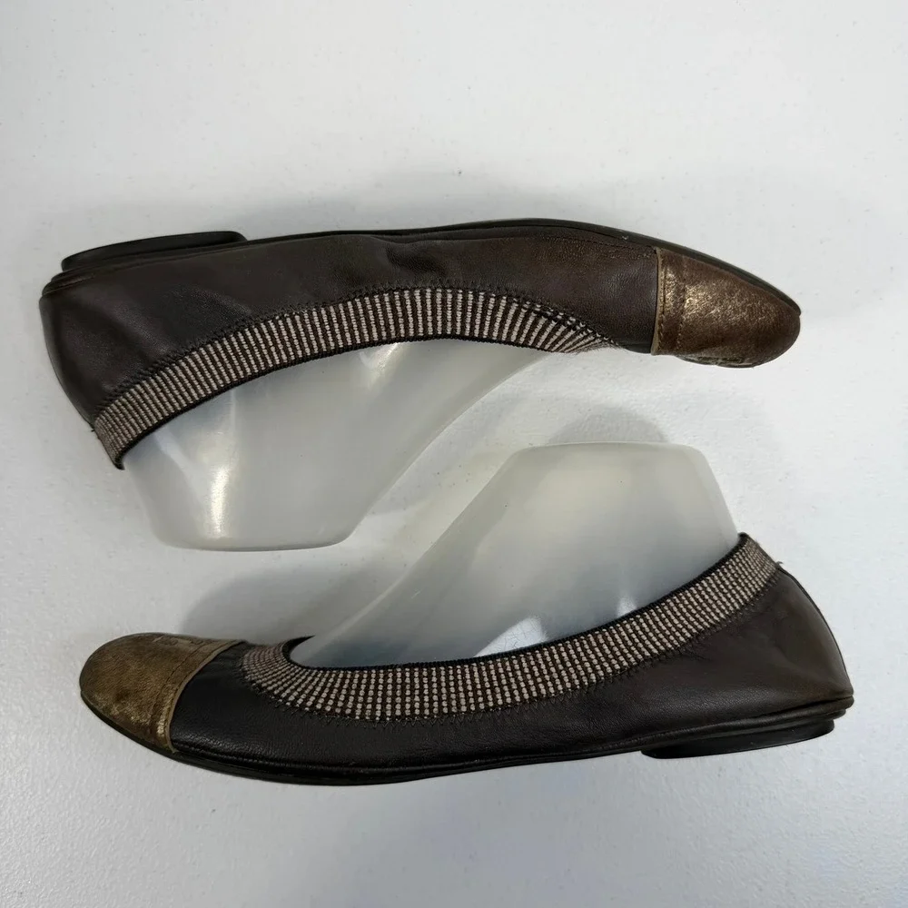 Tory Burch Sz 8.5 Gabby Ballet Flats Gun Metal Leather Gold‎ Cap Toe Logo Shoes